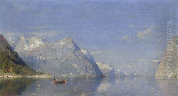 Norwegischer Fjord Im Sonnenlicht Oil Painting by Georg Anton Rasmussen