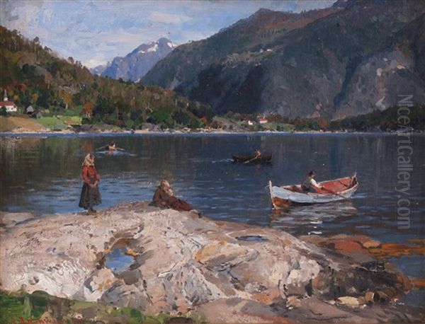 Fjordlandskap Med Robater Oil Painting by Georg Anton Rasmussen