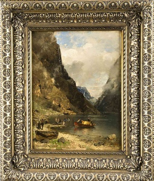 Fjord Mit Rudernden Fischern In Norwegen Oil Painting by Georg Anton Rasmussen