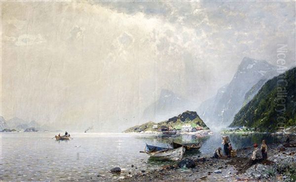 Fjord Mit Fischern Und Wascherinnen Am Ufer Oil Painting by Georg Anton Rasmussen