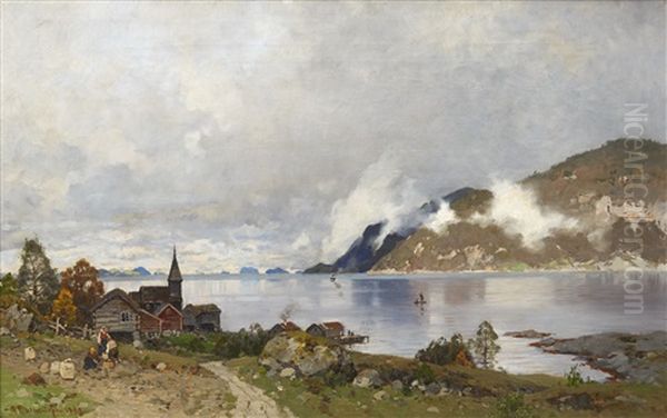 Norwegian Fjord Oil Painting by Georg Anton Rasmussen