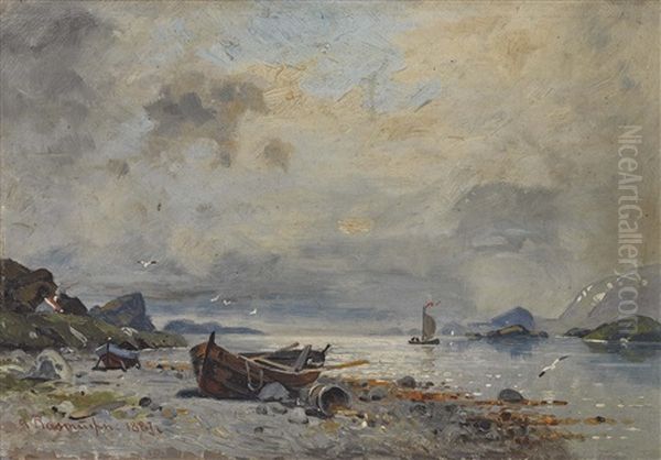 Fjordlandschaft Mit Fischerbooten Oil Painting by Georg Anton Rasmussen