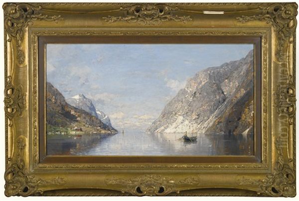 Fisherman In A Norwegian Fjord Oil Painting by Georg Anton Rasmussen