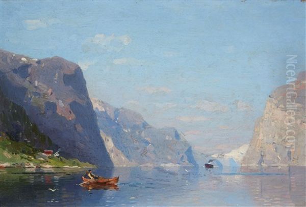 Two Norwegian Fjord Landscapes Oil Painting by Georg Anton Rasmussen