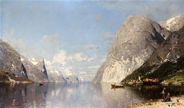 Norwegian Fjord In Summertime Oil Painting by Georg Anton Rasmussen