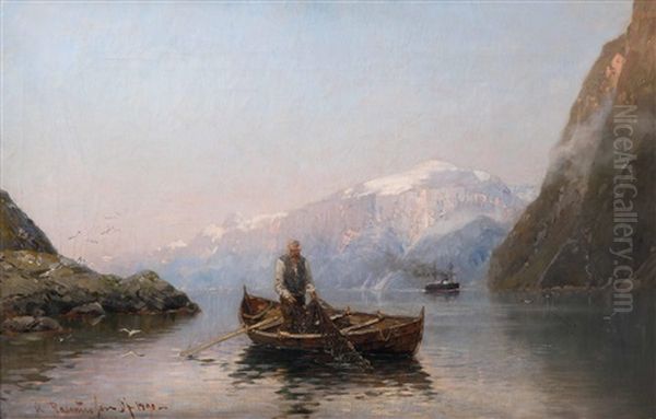 Fischer Und Dampfschiff Im Fjord Oil Painting by Georg Anton Rasmussen