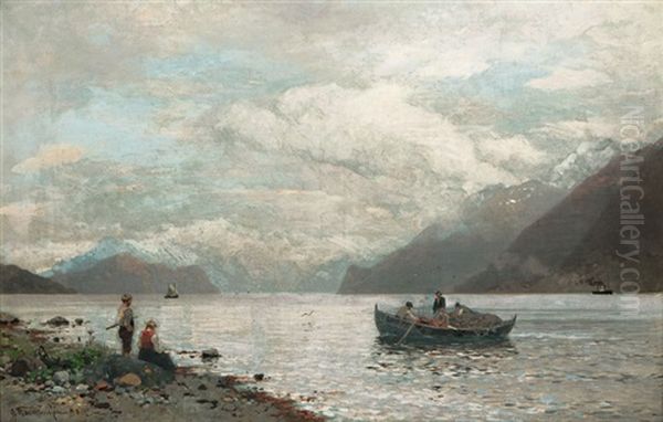 Fishermen In The Fjord Oil Painting by Georg Anton Rasmussen