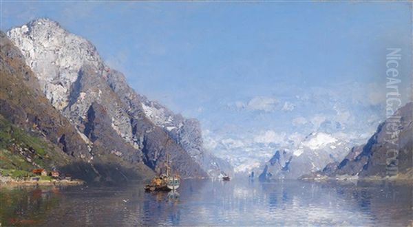 Norwegische Fjordlandschaft Oil Painting by Georg Anton Rasmussen