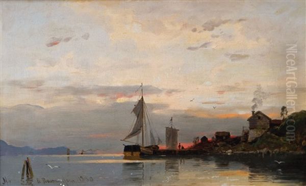 Fischerdorf Im Norwegischen Fjord Bei Sonnenuntergang Oil Painting by Georg Anton Rasmussen