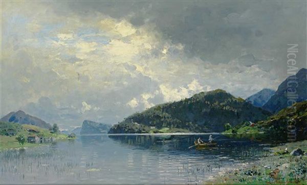 Flusslandschaft Mit Fischern An Einem Prachtvollen Sommertag Oil Painting by Georg Anton Rasmussen