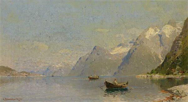 Fjordlandschaft Mit Booten An Einem Sommertag Oil Painting by Georg Anton Rasmussen