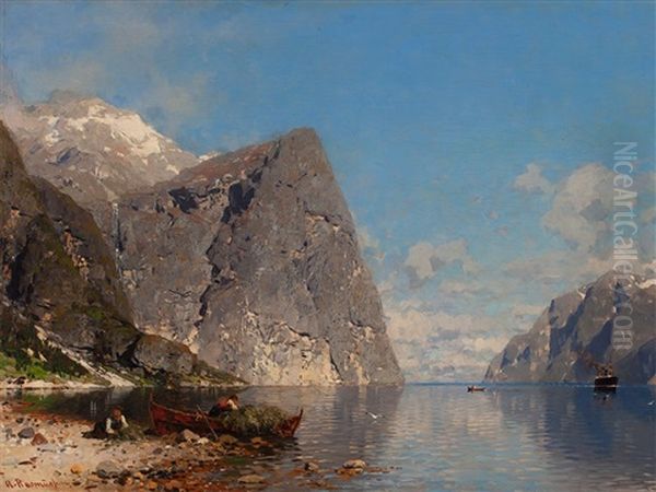 Fjord Oil Painting by Georg Anton Rasmussen