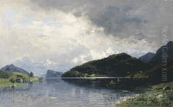 Fjord Mit Zwei Anglern Im Ruderboot Oil Painting by Georg Anton Rasmussen