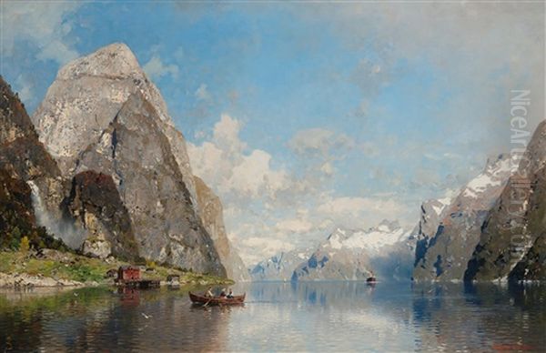 View Of A Fjord Oil Painting by Georg Anton Rasmussen