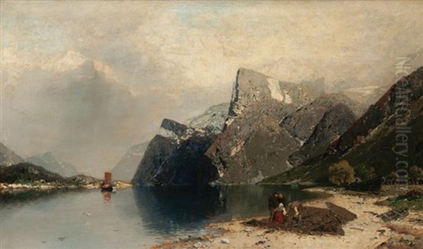 Fishermen In A Fjord Oil Painting by Georg Anton Rasmussen