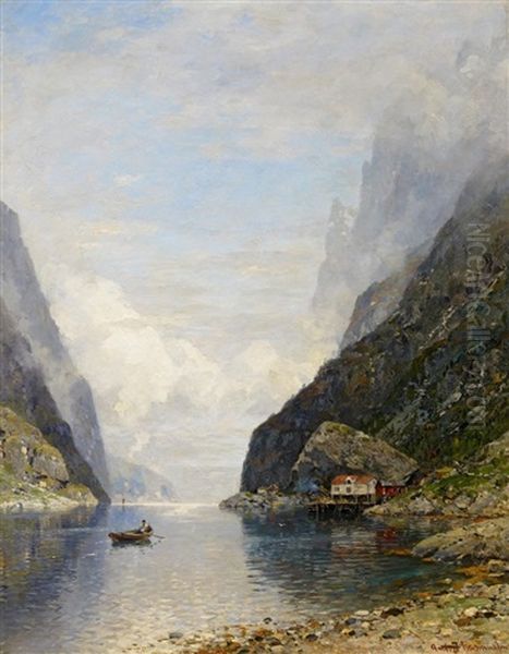 Fischer In Seinem Ruderboot Auf Dem Fjord Oil Painting by Georg Anton Rasmussen