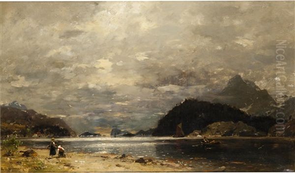 Fisherwomen By The Shore Oil Painting by Georg Anton Rasmussen