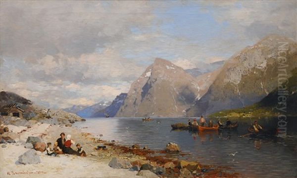 Fishermen In The Fjord Oil Painting by Georg Anton Rasmussen