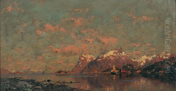 Norwegische Fjordlandschaft Im Abendrot by Georg Anton Rasmussen