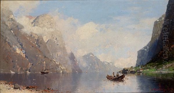 Sommerliche Fjordlandschaft Mit Ubersetzendem Ruderboot Und Angelandetem Dampfer Oil Painting by Georg Anton Rasmussen