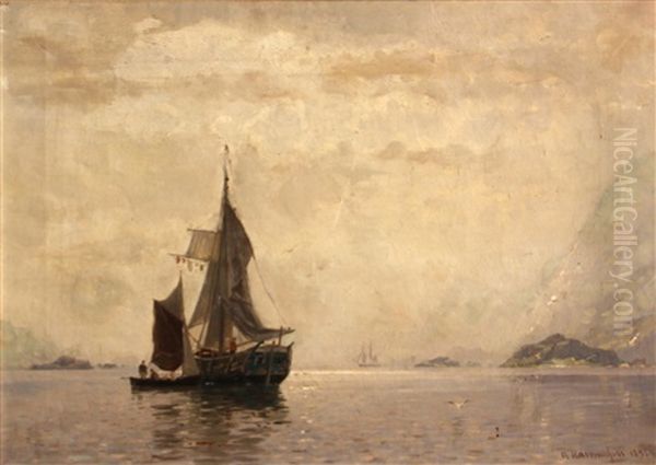 Fishing Boats In A Fjord Oil Painting by Georg Anton Rasmussen