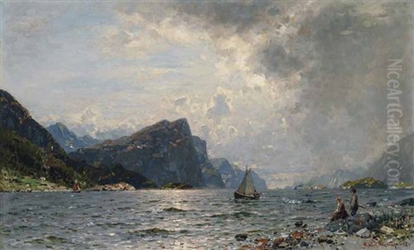 Norwegischer Fjord Mit Segelschiff by Georg Anton Rasmussen