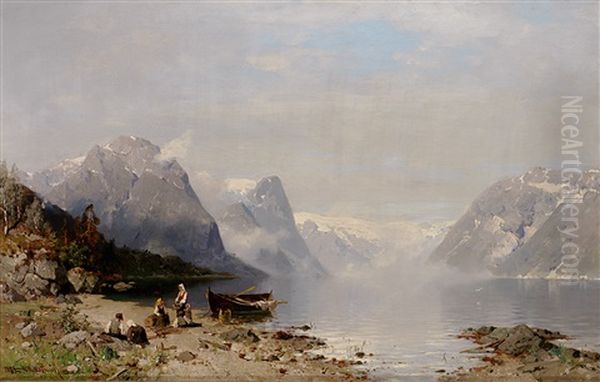 Sommerliche Fjordlandschaft Mit Angelegtem Nachen Und Figurenstaffage Oil Painting by Georg Anton Rasmussen