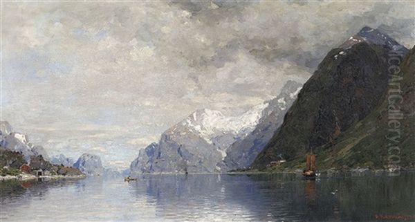 Norwegische Fjordlandschaft Oil Painting by Georg Anton Rasmussen