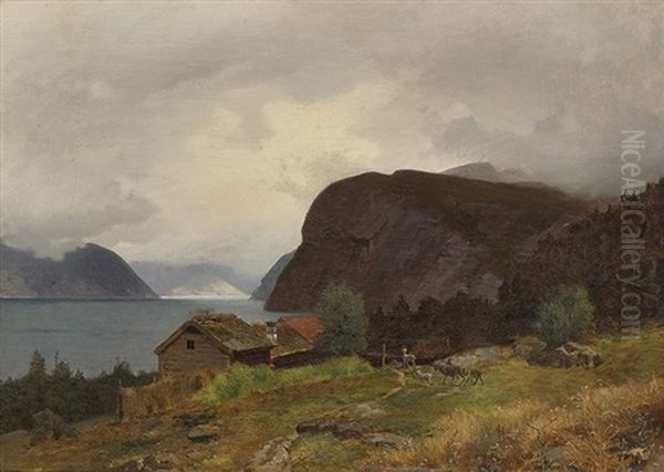 Gardsbruk I Fjordlandskap Oil Painting by Georg Anton Rasmussen