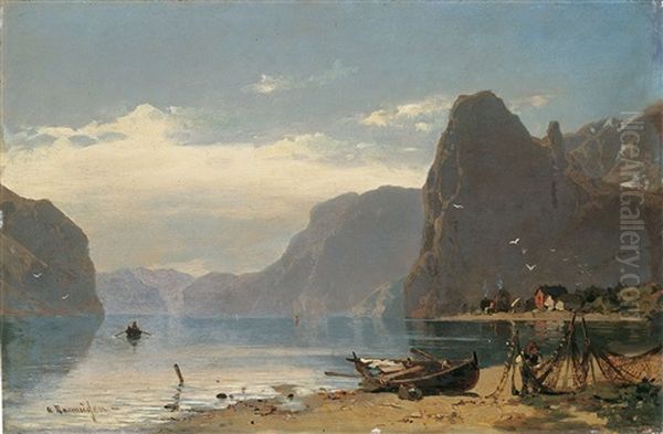 Fjordlandschaft Mit Fischern Oil Painting by Georg Anton Rasmussen