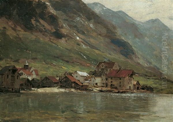 Norwegische Fjordlandschaft Mit Einem Dorf Am Wasser Oil Painting by Georg Anton Rasmussen