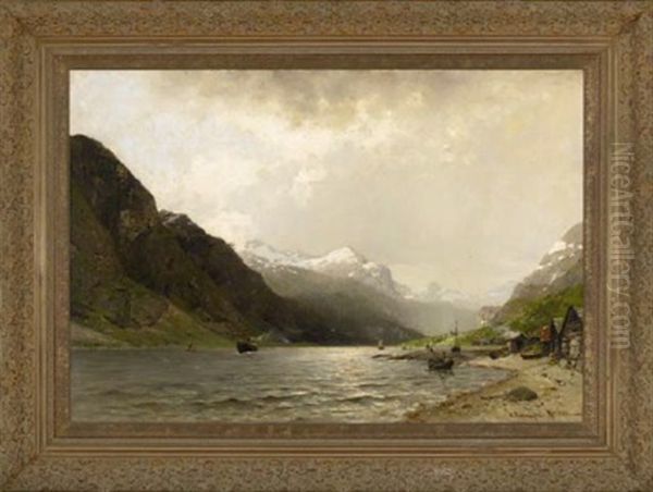 Coastal Village By The Fjord Oil Painting by Georg Anton Rasmussen