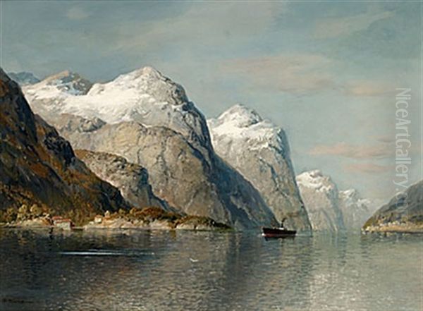 Fjordlandskap Med Angbat Oil Painting by Georg Anton Rasmussen