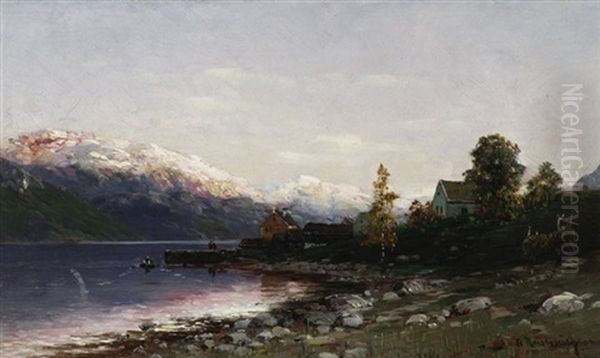 Norwegische Fjordlandschaft (hardangar Fjord?) Oil Painting by Georg Anton Rasmussen