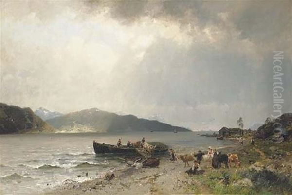 Ferrying The Cattle Oil Painting by Georg Anton Rasmussen