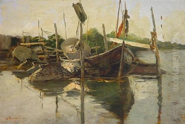 Fischerboote Am Ufer Eines Sees Oil Painting by Georg Anton Rasmussen