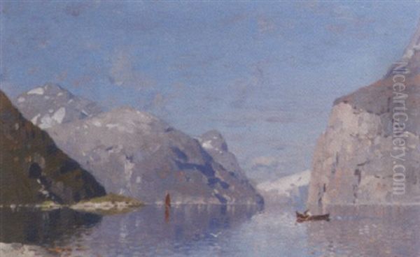 Crossing The Fjord On A Summer's Day Oil Painting by Georg Anton Rasmussen