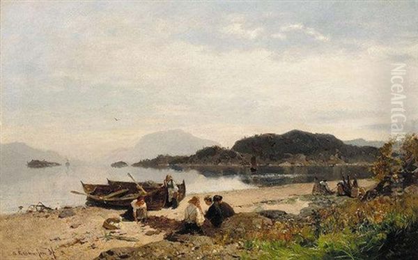 Pa Stranden (a Rest On The Beach) Oil Painting by Georg Anton Rasmussen