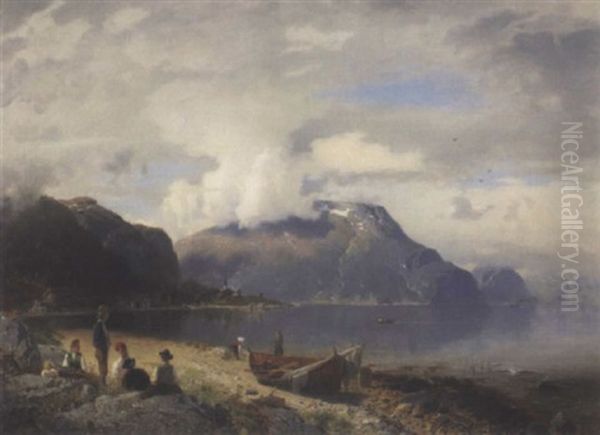 Fjordlandskap Med Strand, Bat Og Mennesker Oil Painting by Georg Anton Rasmussen