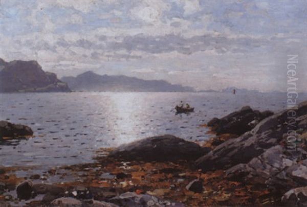 Sol, Sommer Og Bat Pa Fjorden Oil Painting by Georg Anton Rasmussen