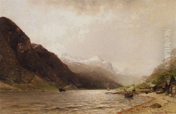 Coastal Village By The Fjord Oil Painting by Georg Anton Rasmussen