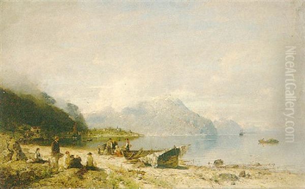 Fishermen Beside A Fjord Oil Painting by Georg Anton Rasmussen