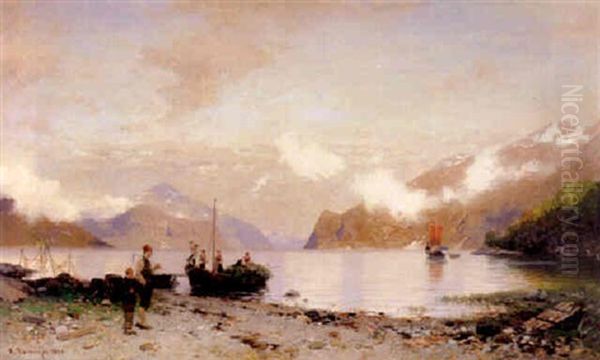 Sommertag Am Hjardanger Fjord, Heimkehrende Bauern Mit Beladenem Boot Oil Painting by Georg Anton Rasmussen