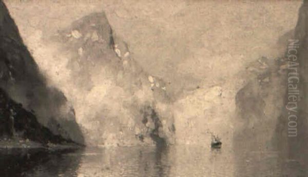 A Steam Ship On A Fjord Between Glaciers Oil Painting by Georg Anton Rasmussen