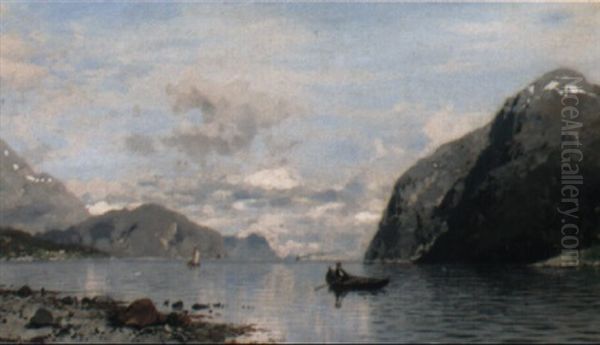 Fjordlandschaft Mit Ruderboot, Segelboot Und Dampfer Oil Painting by Georg Anton Rasmussen