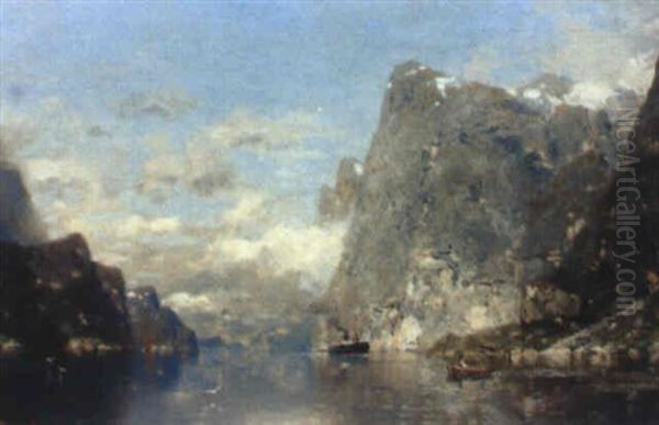 Norskt Fjordlandskap Med Fartyg Oil Painting by Georg Anton Rasmussen