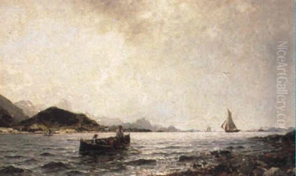 Fishermen In The Fjord Oil Painting by Georg Anton Rasmussen