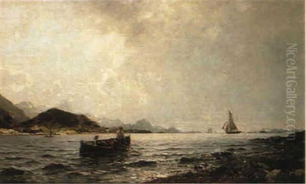 Fishermen In The Fjord Oil Painting by Georg Anton Rasmussen