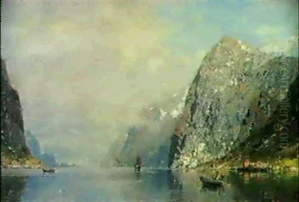 Fjordlandschaft Mit Personenstaffage Oil Painting by Georg Anton Rasmussen