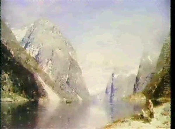 Norsk Fjordparti Omgivet Af Stejle Klipper Oil Painting by Georg Anton Rasmussen